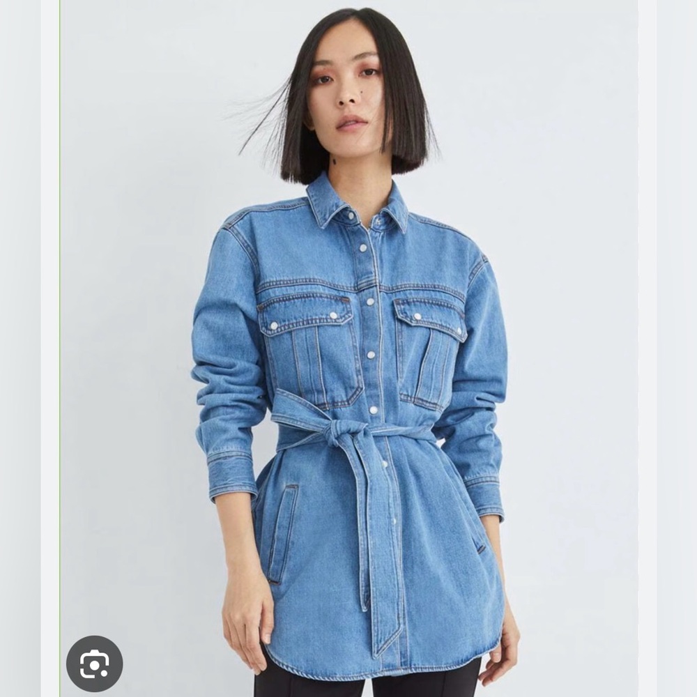 Veronica Beard Mikaela Light Blue Denim Shirt Shacket Jacket Pearl Snaps